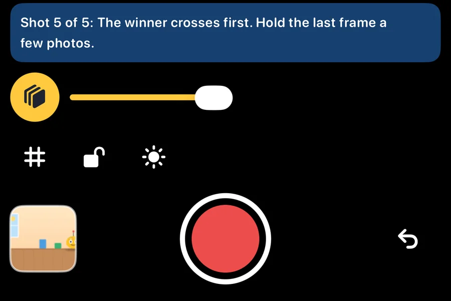 Camera controls: onion skin toggle, grid, lock, brightness and the large shutter button