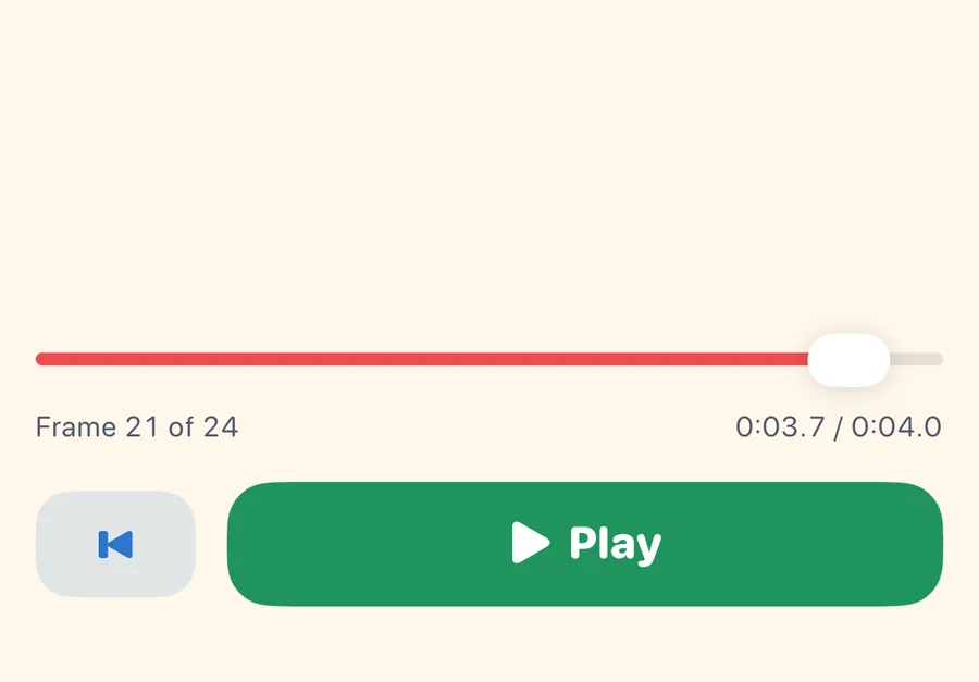 Preview timeline with a scrubber, frame counter and Play button