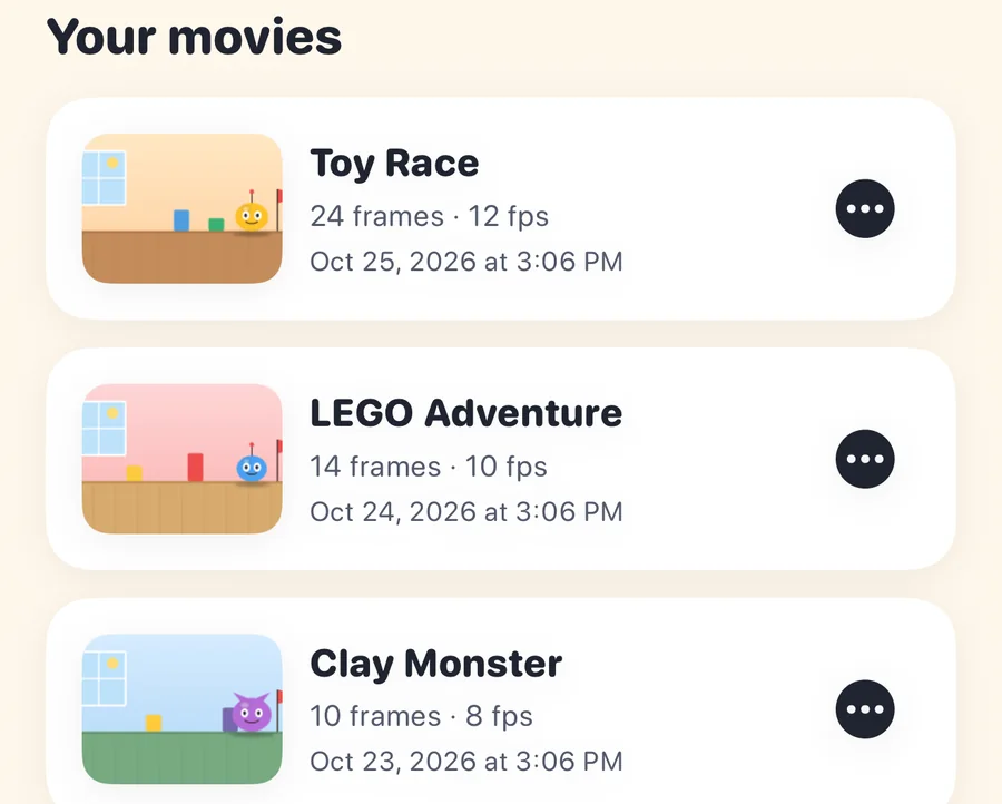 Home screen listing saved movies with thumbnails, frame counts and dates