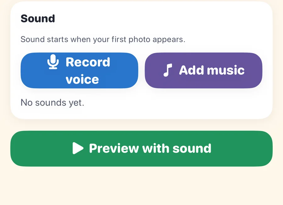 Sound section with Record voice and Add music buttons