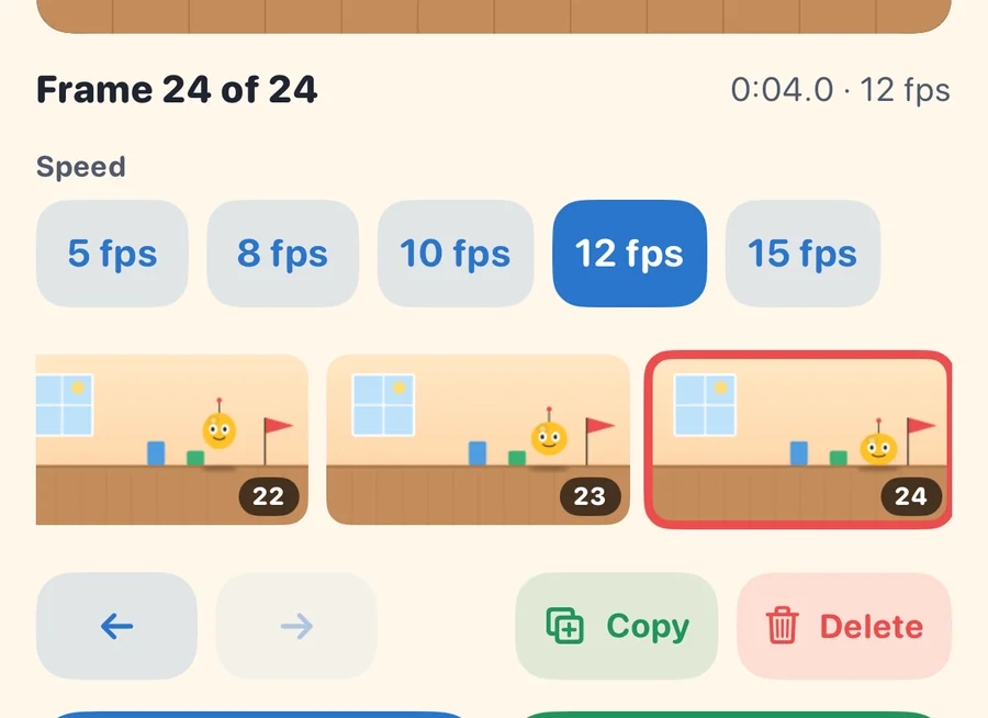 Frame timeline with thumbnails, speed choices and copy and delete buttons