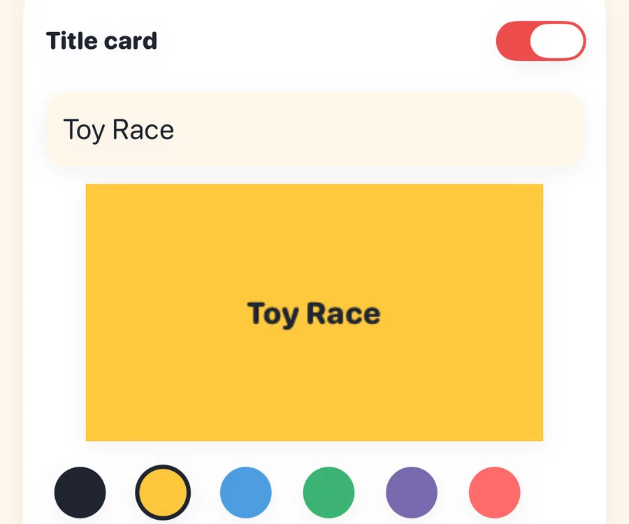 Title card editor with a yellow title card preview and color choices