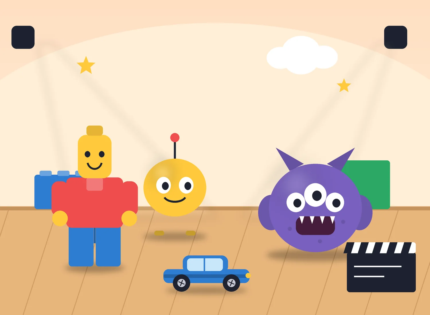 Illustrated miniature film set with a brick-style figure, a round yellow robot toy, a purple three-eyed clay monster, a toy car and a clapperboard under studio lights