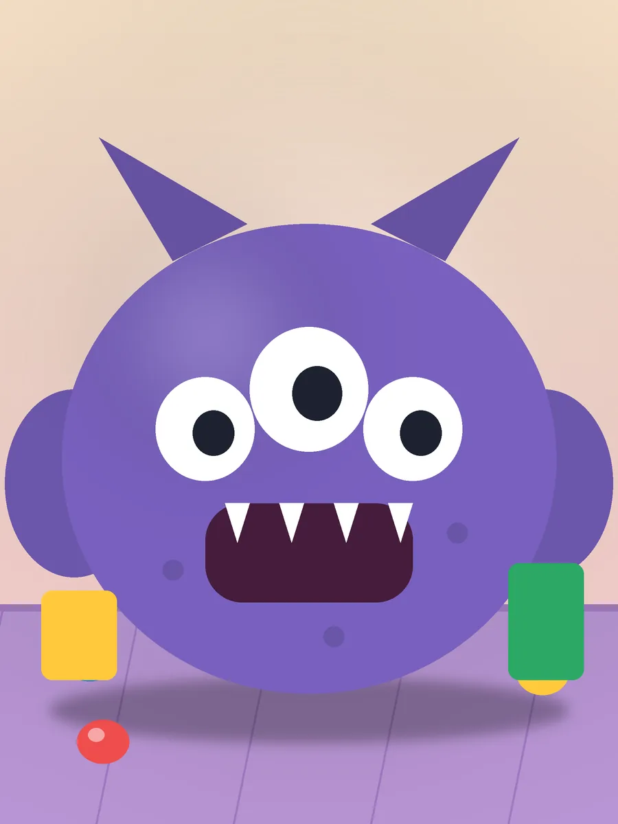 Illustrated poster: a purple three-eyed clay monster with horns and teeth on a lilac floor