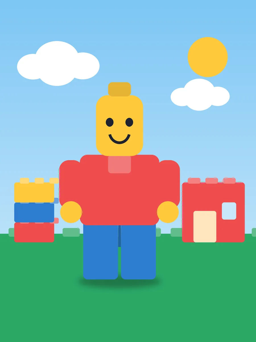 Illustrated poster: a yellow-headed brick-style figure in a red top standing on a green baseplate beside a stack of colorful bricks