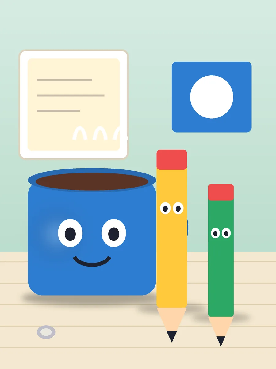 Illustrated poster: a smiling blue mug beside two pencils with faces on a desk
