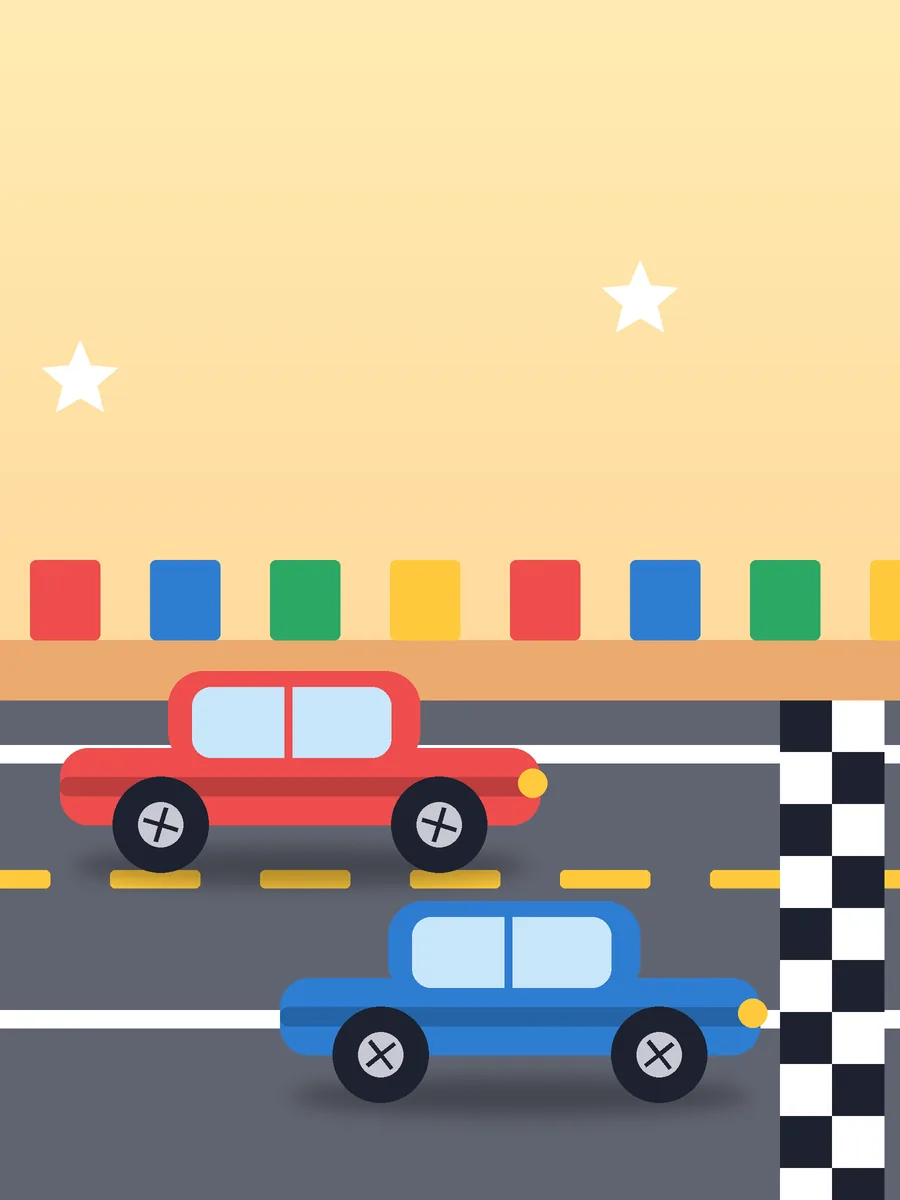 Illustrated poster: a red and a blue toy car racing on a track toward a checkered finish line