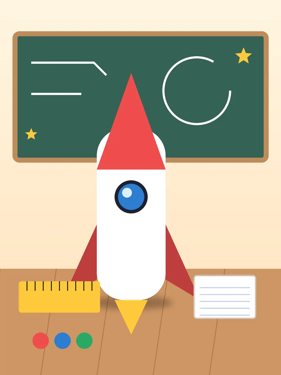 Illustrated poster: a paper-craft rocket on a classroom desk in front of a chalkboard